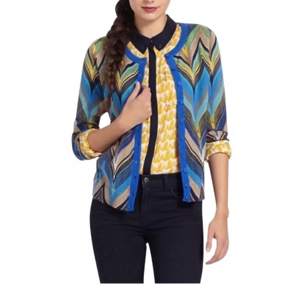 Anthropologie Tabitha Seared Chevron Cardigan S Small Sweater Blue Yellow